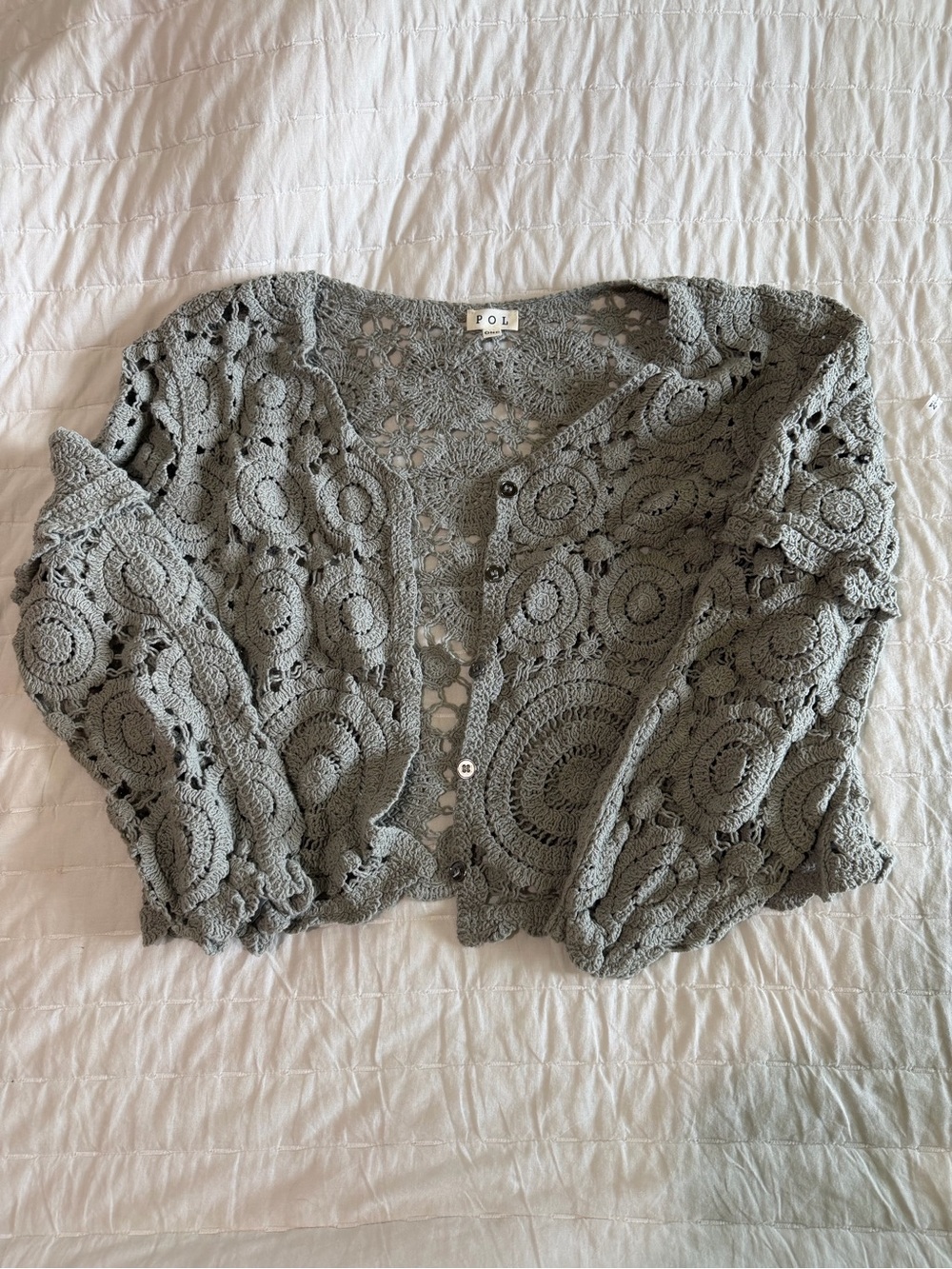 POL Gray Crochet Openwork Button-Front Cardigan